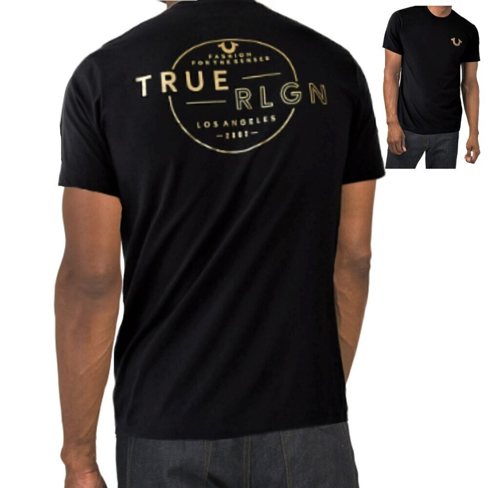 NWT True Religion Gold Metallic Graphic Logo Print Halo Crew Neck T-Shirt